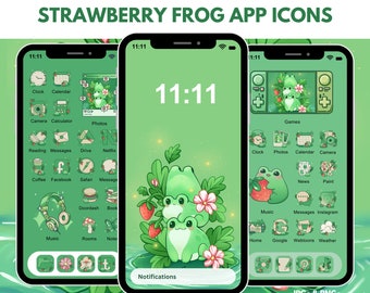 Strawberry Frog App Icon Pack for iOS Android Phone Cute Berry Pink Icons Cottagecore Whimsical Aesthetic Nature Lover Green Phone Theme