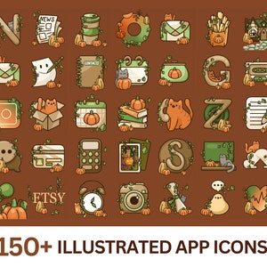 May include: A set of 36 illustrated app icons featuring an autumn theme with pumpkins, leaves, and vines. The icons are in a grid format and include apps like News, Contacts, Calendar, Etsy, and more.