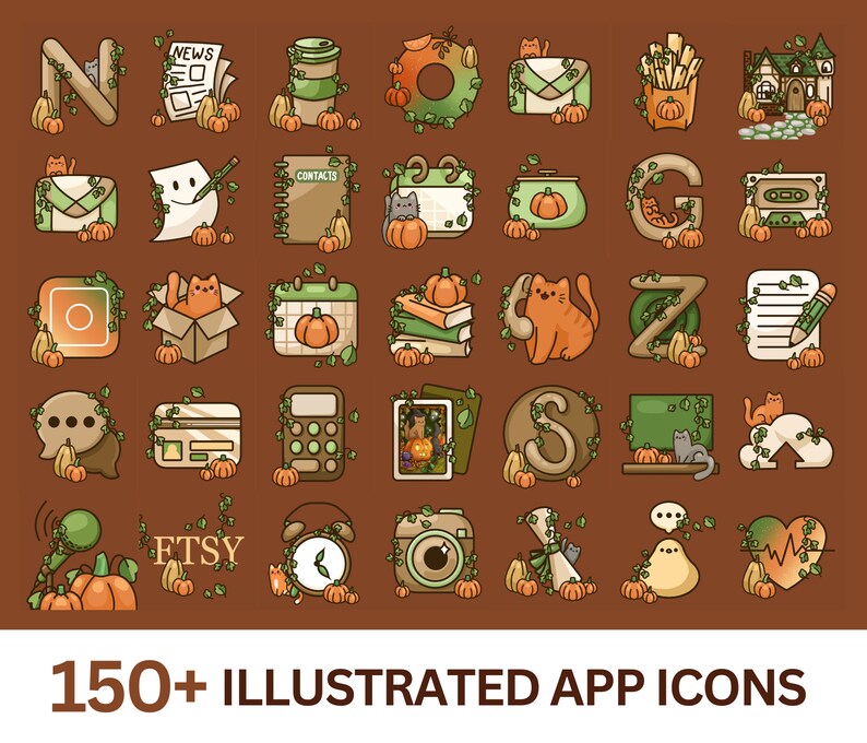 May include: A set of 36 illustrated app icons featuring an autumn theme with pumpkins, leaves, and vines. The icons are in a grid format and include apps like News, Contacts, Calendar, Etsy, and more.