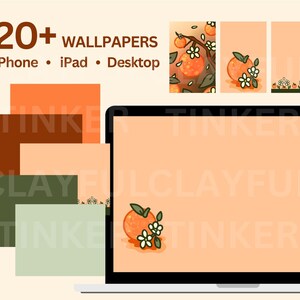 Peut inclure: Une illustration num&eacute;rique d'oranges avec des fleurs blanches sur une branche. L'image est utilis&eacute;e comme fond d'&eacute;cran d'ordinateur avec le texte "20+ WALLPAPERS iPhone &bull; iPad &bull; Desktop" en haut de l'image.