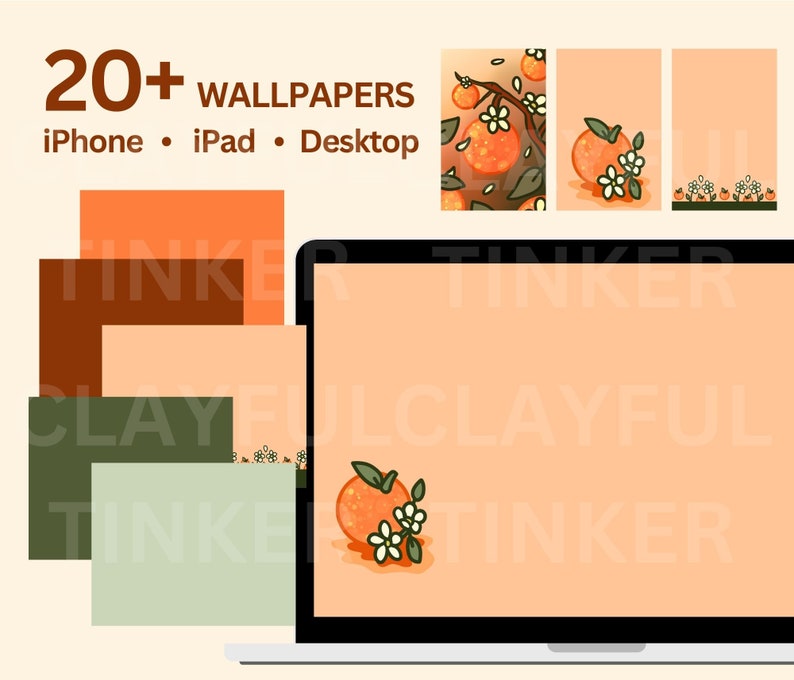 Peut inclure: Une illustration num&eacute;rique d'oranges avec des fleurs blanches sur une branche. L'image est utilis&eacute;e comme fond d'&eacute;cran d'ordinateur avec le texte "20+ WALLPAPERS iPhone &bull; iPad &bull; Desktop" en haut de l'image.