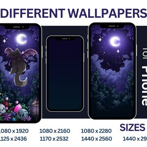 May include: A set of four phone wallpapers featuring a cartoon cat with wings flying in a night sky with a crescent moon and stars. The wallpapers are in different sizes for iPhone.
