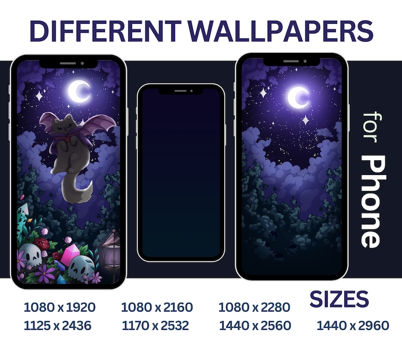 May include: A set of four phone wallpapers featuring a cartoon cat with wings flying in a night sky with a crescent moon and stars. The wallpapers are in different sizes for iPhone.