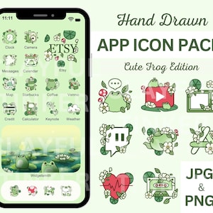 以下が含まれることがあります： さまざまなポーズをとったかわいいカエルを特徴とする、手描きアプリアイコンのセット。アイコンは、緑、白、赤の色で、漫画スタイルでデザインされています。アイコンは、緑色の背景にグリッド状に配置され、上部に「Hand Drawn APP ICON PACK Cute Frog Edition」というテキストがあります。画像の下部には「JPGs & PNGs」というテキストがあります。