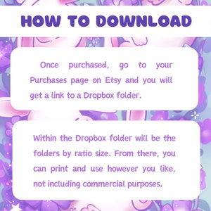 Pode incluir: Um gr&aacute;fico ilustrado rosa e roxo com o texto "HOW TO DOWNLOAD" em letras brancas em negrito. O texto abaixo explica como baixar os arquivos digitais comprados no Etsy. O texto diz: "Depois de comprar, v&aacute; para a sua p&aacute;gina de Compras no Etsy e voc&ecirc; receber&aacute; um link para uma pasta do Dropbox. Dentro da pasta do Dropbox, voc&ecirc; encontrar&aacute; as pastas por tamanho de propor&ccedil;&atilde;o. A partir da&iacute;, voc&ecirc; pode imprimir e usar como quiser, sem incluir fins comerciais."
