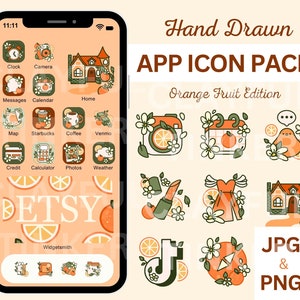 Orange Fruit App Icon Pack for iOS Android iPhone Orange Blossom Icon Pack Floral Icons Orange Slice Hand Drawn Icon Packs Flower App Icons