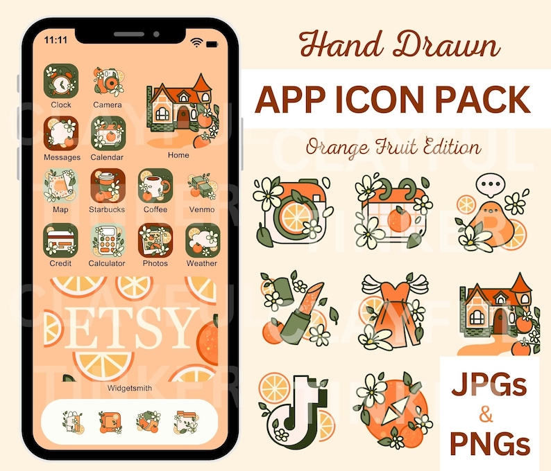 Peut inclure: Un ensemble d'ic&ocirc;nes d'applications dessin&eacute;es &agrave; la main avec des motifs de fruits d'orange et de fleurs. Les ic&ocirc;nes comprennent une horloge, un appareil photo, un calendrier, un domicile, une carte, Starbucks, du caf&eacute;, Venmo, une carte de cr&eacute;dit, une calculatrice, des photos, la m&eacute;t&eacute;o, du rouge &agrave; l&egrave;vres, une robe, une maison, TikTok et une boussole. Les ic&ocirc;nes sont au format JPG et PNG.