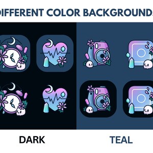 May include: Four different app icons with a dark and teal background. The icons feature a clock, a heart with a heartbeat, a camera, and a square with a circle inside. Each icon has a skull, flowers, and crystals around it.