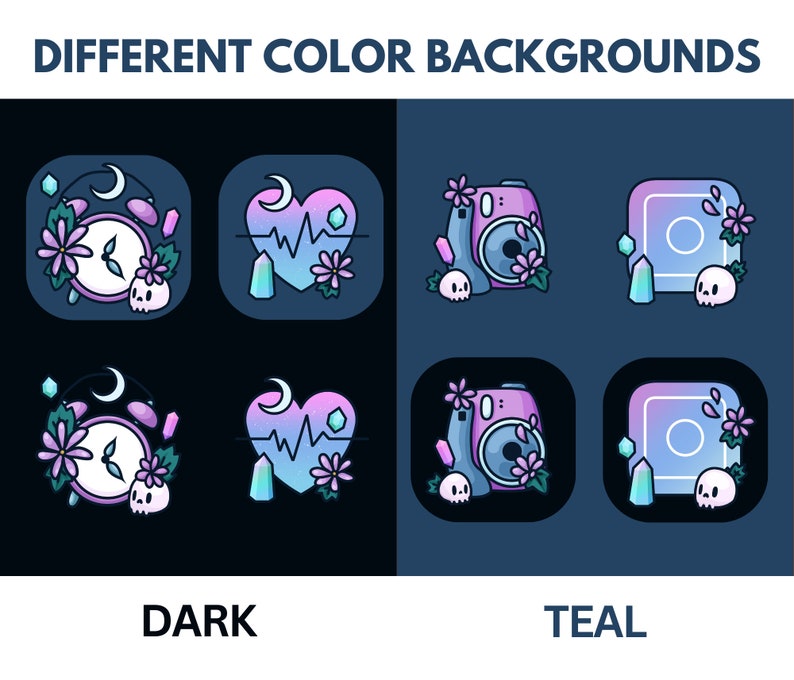 May include: Four different app icons with a dark and teal background. The icons feature a clock, a heart with a heartbeat, a camera, and a square with a circle inside. Each icon has a skull, flowers, and crystals around it.