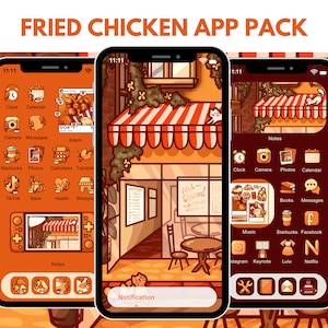 May include: A digital phone screen with a fried chicken app pack theme. The background is a cartoon illustration of a cafe with a red and white awning. The app icons are arranged in a grid pattern and include icons for Clock, Calendar, Camera, Messages, Alarm, Starbucks, Photos, Calculator, Translate, TikTok, Bank, Health, Shopping, Notes, Music, Instagram, Keynote, Lulu, Netflix, Facebook, and Books.