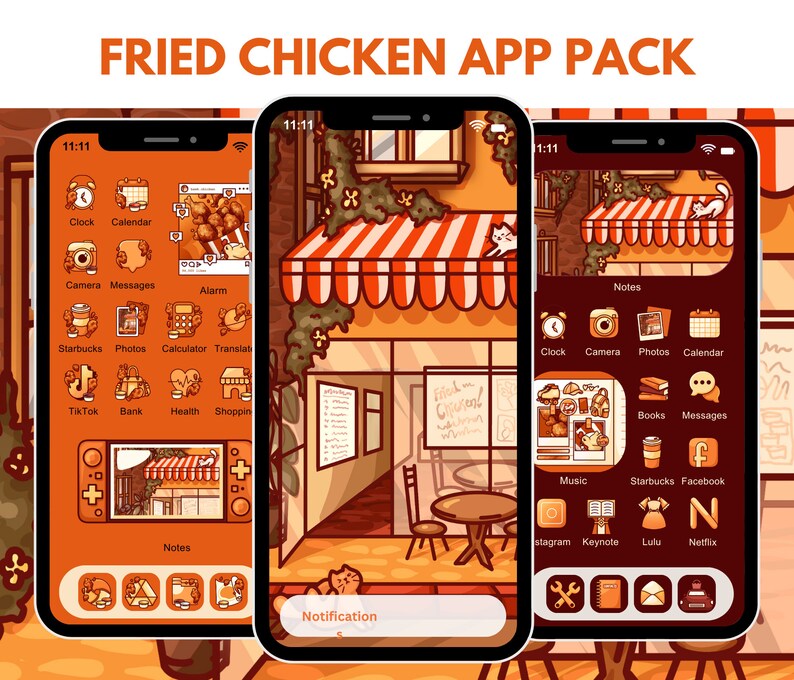 Puede incluir: Una pantalla de tel&eacute;fono digital con un tema de paquete de aplicaciones de pollo frito. El fondo es una ilustraci&oacute;n de dibujos animados de una cafeter&iacute;a con un toldo rojo y blanco. Los iconos de las aplicaciones est&aacute;n dispuestos en una cuadr&iacute;cula y incluyen iconos para Reloj, Calendario, C&aacute;mara, Mensajes, Alarma, Starbucks, Fotos, Calculadora, Traducir, TikTok, Banco, Salud, Compras, Notas, M&uacute;sica, Instagram, Keynote, Lulu, Netflix, Facebook y Libros.