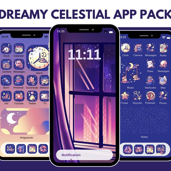 Dreamy Celestial App Icon Pack for iOS Android Tablet Kawaii Aesthetic Icon Covers Constellation Digital Art Aesthetic Sky Clouds Purple App