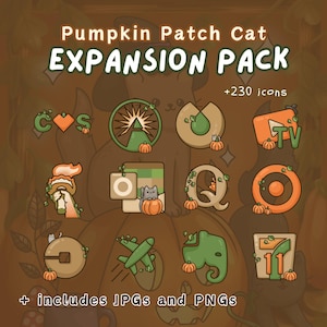 Puede incluir: Gráfico digital para un "Pumpkin Patch Cat EXPANSION PACK" con "+230 iconos". La imagen presenta varios iconos temáticos de calabazas y gatos, incluyendo un televisor, un avión y el número 11. El producto incluye JPG y PNG.