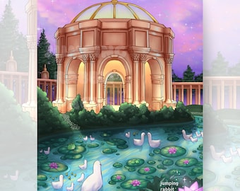 Pavilhão dançante IMPRIMÍVEL Arte de parede do pavilhão grego Lagoa de patos com ilustração floral ambiente Decoração de parede inspirada na estética da princesa