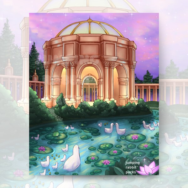 Dancing Pavilion PRINTABLE Greek Pavilion Wall Art Duck Pond with Floral Ambient Illustration Princess Aesthetic Inspired Wall Decor Print