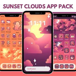 May include: A digital illustration of three iPhone screens with a sunset clouds theme. The screens show a variety of app icons with a sunset gradient background. The time on the screens is 11:11.