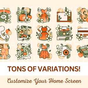 Peut inclure: Un ensemble de 12 ic&ocirc;nes orange et vertes avec des fleurs blanches. Les ic&ocirc;nes comprennent un t&eacute;l&eacute;phone, un cadre photo, une robe, un four &agrave; micro-ondes, un signe dollar, un appareil photo, une carte de cr&eacute;dit, un smartphone, une plante en pot, une robe, un appareil photo et une pile d'argent. Le texte "TONS OF VARIATIONS! Customize Your Home Screen" est en bas de l'image.