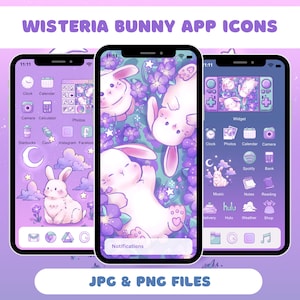Cute Bunny App Icon Pack for iOS Android Tablet Hand Drawn Bunny Art Icons for Phone Kawaii Aesthetic Pink Purple Star