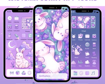 Cute Bunny App Icon Pack for iOS Android Tablet Hand Drawn Bunny Art Icons for Phone Kawaii Aesthetic Pink Purple Star