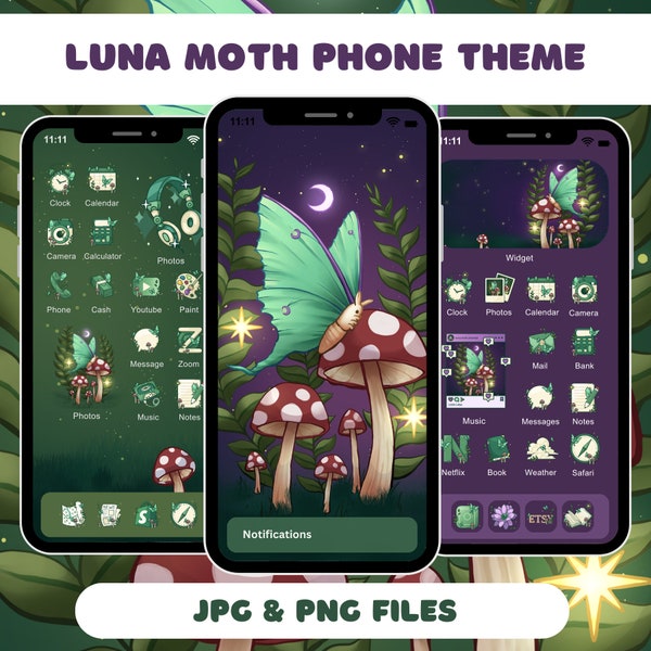Luna Moth App Icon Pack iOS Android Tablet Cottage Core Aesthetic Fairy Arboreal Phone Theme Green Red Mushroom PNG JPG Widgets Wallpaper
