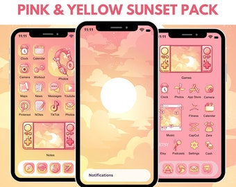 Pink and Yellow Sunset App Icons Grapefruit Color Aesthetic Orange Ombre Pink Jelly Kawaii Theme for iOS Android Tablet Icons Wallpaper