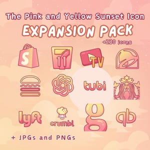 Könnte beinhalten: Eine Sammlung von pinken und gelben Sonnenuntergangs-Icons für Apps und Websites. Die Icons beinhalten beliebte Marken wie Starbucks, Lyft und Taco Bell. Der Text "The Pink and Yellow Sunset Icon Expansion Pack +230 icons + JPGs and PNGs" ist auf dem Bild zu sehen.