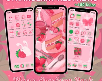 Strawberry App Icon Pack for iOS Android Phone Pink Berry Aesthetic Dessert Sweets Hand Drawn Wallpaper Widgets Strawberries Cutesy Icons