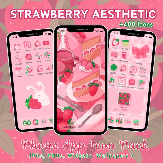 Strawberry App Icon Pack for iOS Android Phone Pink Berry Aesthetic Dessert Sweets Hand Drawn Wallpaper Widgets Strawberries Cutesy Icons