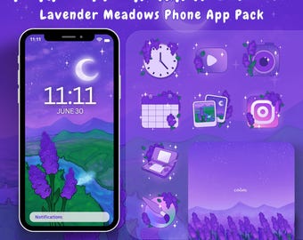Purple Mountain Lavender App Icon Pack for iOS Android Phone or Tablet Hand Drawn Flowers Purple Night Lavender Fields Aesthetic Sparkles