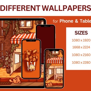 Puede incluir: Tres tama&ntilde;os diferentes de fondos de pantalla para tel&eacute;fono que presentan una ilustraci&oacute;n de dibujos animados de una tienda con un toldo a rayas rojo y blanco, un gato y pollo frito. El texto "DIFFERENT WALLPAPERS for Phone & Tablet" y "SIZES" tambi&eacute;n se incluye en la imagen. Los tama&ntilde;os que se muestran son 1080 x 1920, 1668 x 2224, 1080 x 2160 y 1080 x 2280.