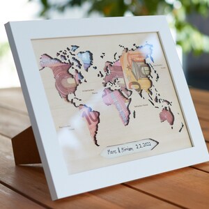 Money gift for weddings, money gift for birthdays, world map, vacation, honeymoon, travel fund, gift idea, travel, picture frame, wooden map image 2