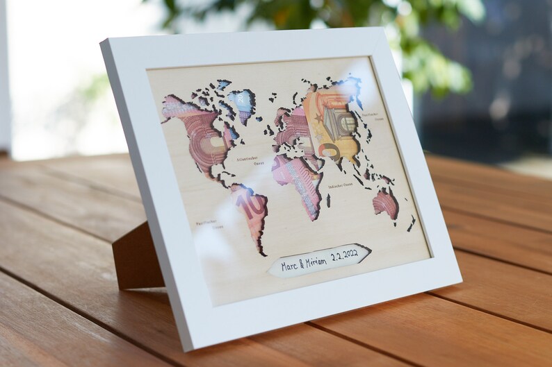 Money gift for weddings, money gift for birthdays, world map, vacation, honeymoon, travel fund, gift idea, travel, picture frame, wooden map image 2