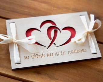 Wooden wedding card – Wooden congratulations card with hearts & ribbon – Wedding card – All the best for your wedding – Gift idea
