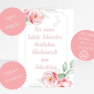 Last Minute Geschenk Geburtstagskarte für die Schwester als digitaler Download zum ausdrucken für zu Hause