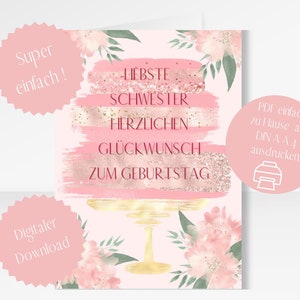 Last Minute Geschenk Geburtstagskarte für die Schwester als digitaler Download zum ausdrucken für zu Hause