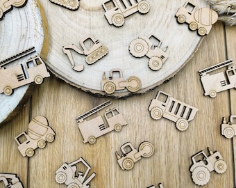 Table decoration, scatter decoration, children's birthday party, construction vehicles, excavator, crane, fire engine, tractor