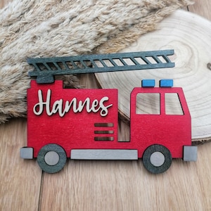 Children's room door sign with fire truck, personalized wooden nameplate with name