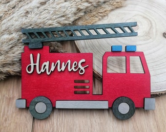 Türschild Kinderzimmer Feuerwehrauto Namensschild Holz personalisiert mit Namen