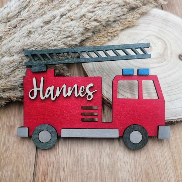 Türschild Kinderzimmer Feuerwehrauto Namensschild Holz personalisiert mit Namen