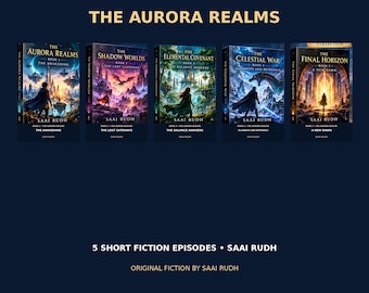 Può includere: Una collezione di cinque libri fantasy intitolata The Aurora Realms di Saai Rudh, con copertine individuali: The Awakening, The Lost Gateways, The Balance Awakens, Alliances and Betrayals e A New Dawn, visualizzati con il testo 5 Short Fiction Episodes.