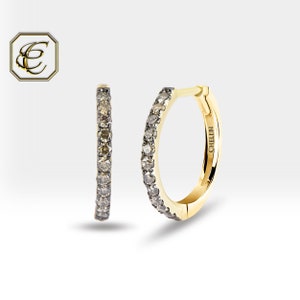 ブラウン ダイヤモンド フープ イヤリング/14K ソリッド ゴールド、本物のダイヤモンド付き フーギー イヤリング/15 mm-12 mm-10 mm 小さなクリップオン イヤリング/Chelebi の高級ジュエリー