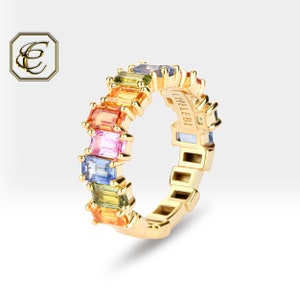 Rainbow Sapphire Eternity Ring: 14k Solid Gold Anniversary Band