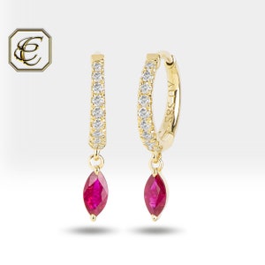 14K Gold Ruby Huggie Earrings: Diamond Hoop Earrings, Handmade