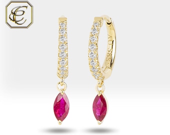 Tiny Ruby Earrings / Diamond Hoop Earrings / 14K Solid Gold Huggie Earrings / Handmade Fine Jewelry / Anniversary Gift By Chelebi