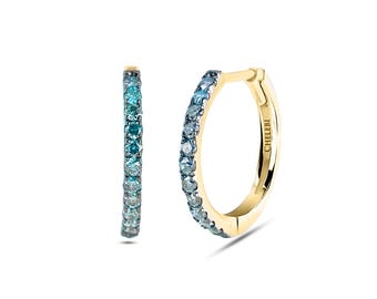Blue Diamond Huggie Hoops – 14K Gold Small Earrings in 10mm 12mm 15mm Outer Diameter