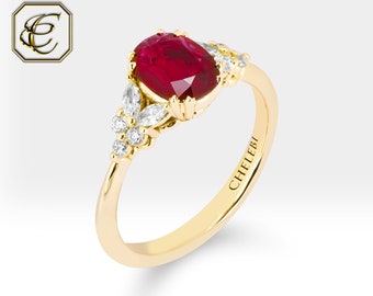 Ruby Engagement Ring / 14K Gold Diamond Ring / 1.55 ct Natural Ruby and Marquise Diamonds / Birthday Gift for Her / Fine Jewelry By Chelebi