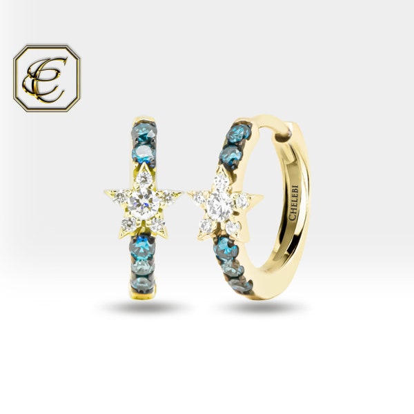 Pendientes de aro de diamante azul / Pendientes de oro macizo de 14K / Pendientes de estrella de 12 mm y 10 mm con diamante / Regalo de cumpleaños / Joyería fina de Chelebi