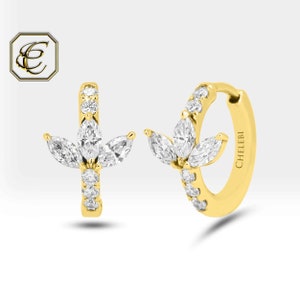 Diamond Lotus Hoop Earrings / 14K Gold Huggie Earrings with Marquise Diamonds  / 13mm Earrings / Fine Jewelry Gift for Women By Chelebi