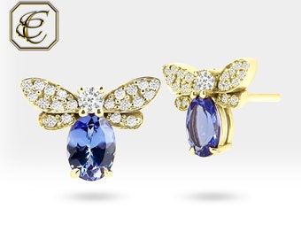 Tanzanite Earrings / Bee Jewelry with 18K Gold / Dainty Earrings Gift for Her / Fine Jewelry By Chelebi