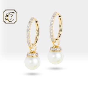 Dangle Pearl Earrings / Diamond Hoop Earrings / Ocean Pearl Detachable Huggie Earrings / 14K Solid Gold Earrings / Fine Jewelry By Chelebi